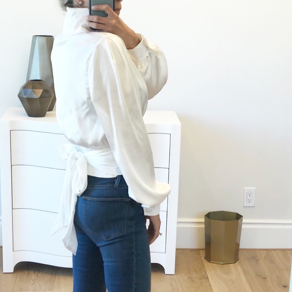 MILAN White Cropped Keyhole Mock Tie Blouse - Picture 6 of 10